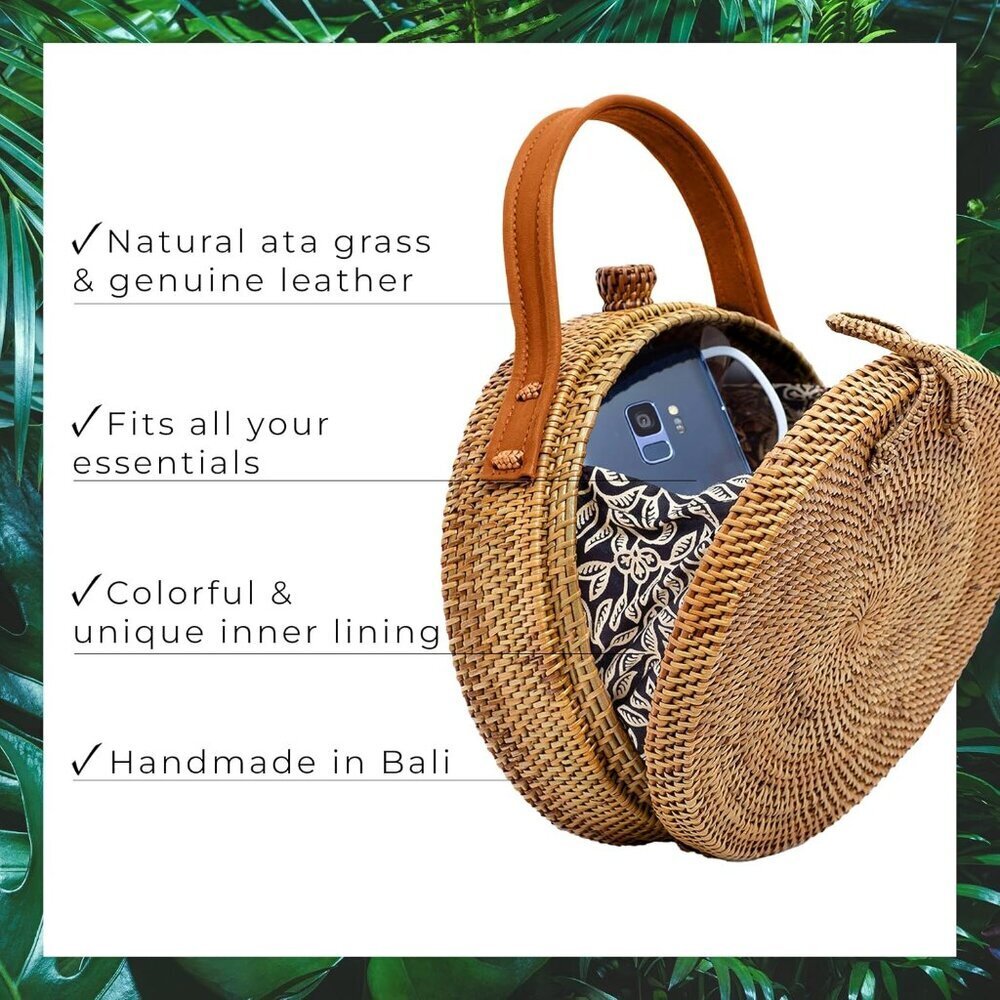 Round Rattan Bag for Women Handmade Straw Purse Summer Boho Crossbody - Picture 3 of 6
